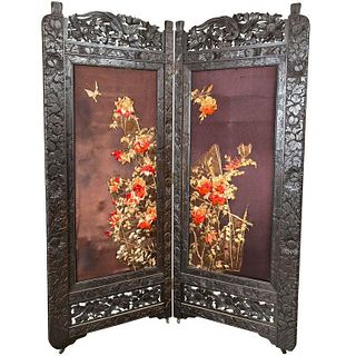 Two Panel Chinoiserie Decorated Embroidered Screen