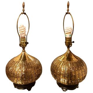 Pair Of Asian Brass Basket Lamps