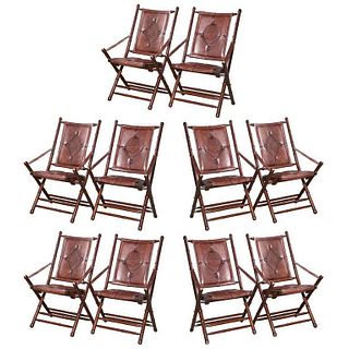 Set Ten Leather Bamboo Style Folding Chairs