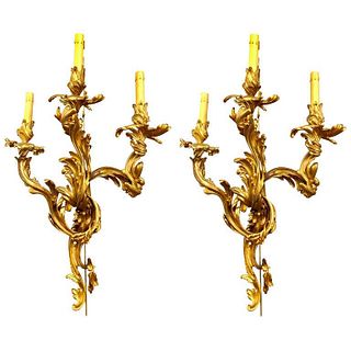 Pair of Louis XVI Style Bronze Three Light Sconces