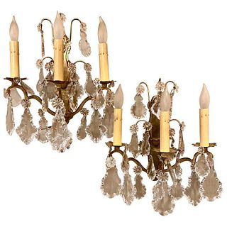 Pair Bronze and Crystal Three-Light Wall Sconces