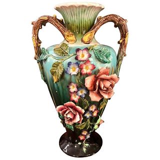 Palatial Majolica Vase with Flowers, 19th Century