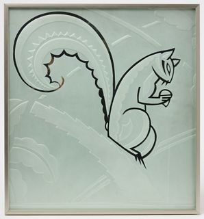 Art Deco Etched Glass Panel of a Squirrel