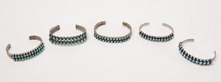 Five Silver and Turquoise Zuni Bracelets