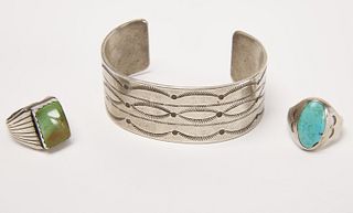 Early Navajo Stamped Bracelet & 2 Man's Rings