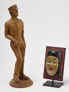 Carved Figure of a Man and a Folk Art Head