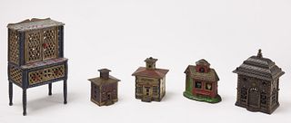 Four Cast Iron Banks and Doll House Cabinet