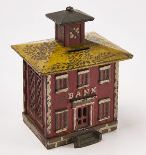 Cast Iron Bank with Stenciled Yellow Roof