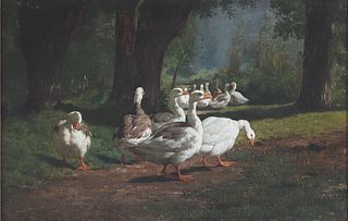 Juliette Peyrol-Bonheur (French, 1830-1891), Geese in a Wooded Glade