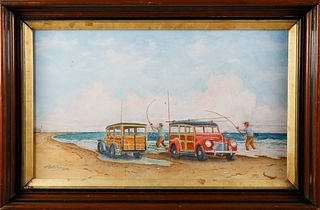ohn HJohn Hutchinson Watercolor on Paper "Great Point Bonanza" Beach Wagons at Great Point