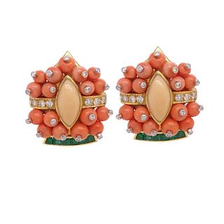 Coral 18k Earrings with Emeralds