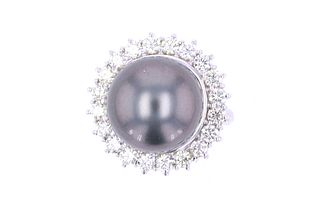 Scarce Black Tahitian Pearl Diamond 14k Gold Ring