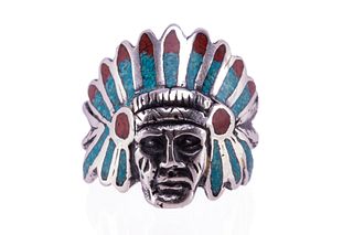 Navajo Sterling Silver & Chip Inlay Chieftain Ring