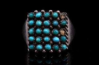 Hopi Lahaleon Silver & Turquoise Cluster Work Ring