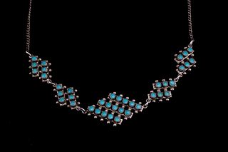 Navajo Silver & Turquoise Cluster Work Necklace