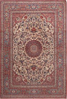 ANTIQUE SILK + WOOL PERSIAN ISFAHAN RUG. 12 ft 1 in x 8 ft 4 in (3.68 m x 2.54 m )