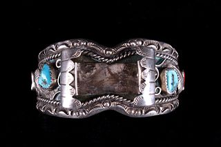 Navajo Sterling Silver Turquoise & Coral Watchband