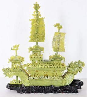 Chinese Carved Jade Colored Hard Stone Ship