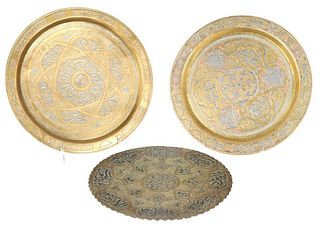 (3) Middle Eastern Inlaid Brass Chargers