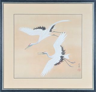Japanese Crane Painting on Silk, Gouache
