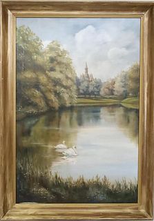 European O/C Landscape w/ Lakeside Castle & Swans