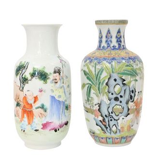 Pair of Chinese Hand Painted Figural Vases