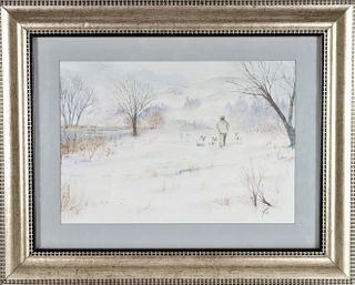 Winter Figural Landscape, Signed Watercolor