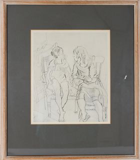 Early 20th C. Etching of Two Young Ladies