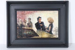 Signed Contemporary Oil, Figures in a Bar