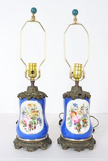 19th C Pair Paris Porcelain Lamps w/ Bronze Mounts