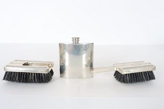 Silver Plated Flask & Two Piece Brush Set