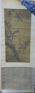 Chinese Watercolor on Silk with Bird and Blossoms