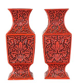 Pair of Chinese Carved Cinnabar Vases