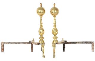 Pair of Brass Cannonball Top Andirons