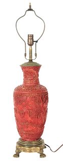 Antique Cinnabar Carved Lamp