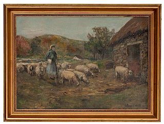 Shepherdess with Sheep and Barn by Alfred Bryan Wall 
