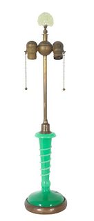 Steuben Green Jade Lamp w/ Alabaster Threaded Body