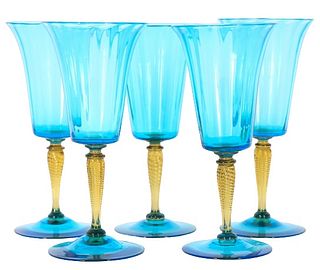 (5) Steuben Celeste Blue and Amber Wine Glasses
