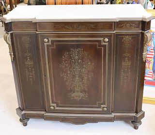 French Antique Inlaid 19th C Marble Top Cabinet