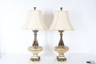 Pair of Painted Glass & Metal Lamps, Mid 20th C