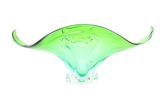 Hand Blown Art Glass Green Elongated Bowl