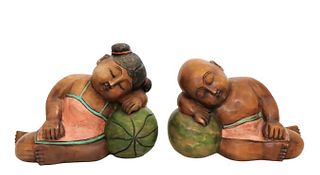 (2) Thai Carved Polychrome Water Babies