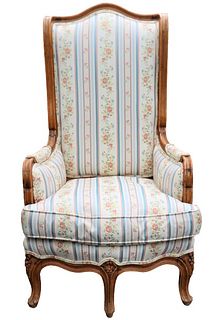 Antique Floral Upholstered Tall Wingback Chair