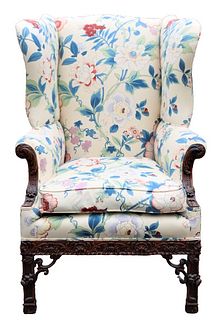 Antique Floral Upholstered Wingback Chair