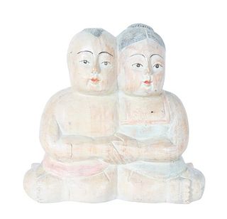 Polychrome Wooden Sculpture of Seated Couple