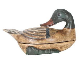 Vintage Polychrome Hand-Carved Duck Container