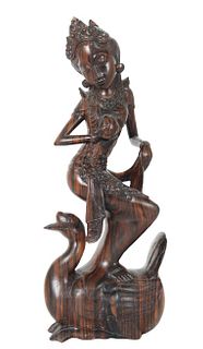 Balinese Wood Carving of Goddess w Swan