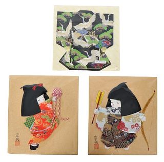 (1) Kimono Handkerchief (2) Japanese Child Figures