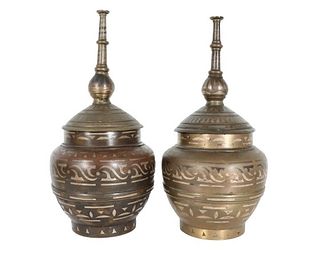 Pair of Chinese Bronze Lidded Jars/Urns