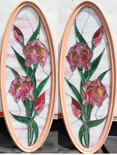 Pair of Large Oval Framed Stained Glass